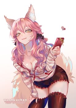 Rule 34 | 1girl, animal ear fluff, animal ears, black skirt, black thighhighs, bra, breasts, cleavage, closed mouth, cowboy shot, fate/extra, fate/extra ccc, fate (series), fox ears, fox girl, fox tail, heart, highres, holding, hood, hoodie, long hair, looking at viewer, official alternate costume, open clothes, open hoodie, pink hair, pink hoodie, simple background, skirt, solo, striped clothes, tail, tamamo no mae (fate), tamamo no mae (spring casual) (fate), thighhighs, underwear, washuu, white background, yellow eyes