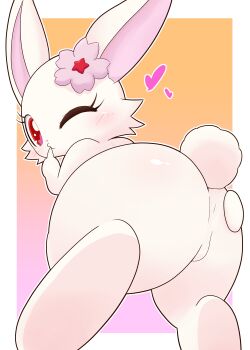 1girl animal_ears animal_feet animal_hands animal_nose aokko_(bluehiyokobunny) ass ass_focus back blush cherry_blossoms chibikemo closed_mouth flower furry furry_female hair_flower hair_ornament heart_(symbol) jewelpet_(creature) jewelpet_(series) jewelry looking_at_viewer one_eye_closed rabbit_ears rabbit_girl rabbit_tail red_eyes ruby_(jewelpet) simple_background solo tail white_fur