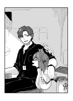 1boy 1girl aged_up ahoge animal_ears arm_around_shoulder bare_shoulders black_choker black_shirt blue_archive blush breasts choker cleavage collared_shirt fang hair_between_eyes hakama hakama_skirt halo height_difference huge_breasts japanese_clothes kaede_(blue_archive) kimono lanyard looking_at_another mabufuyo monochrome nontraditional_miko open_mouth pink_halo sensei_(blue_archive) shirt shortack side_bun sidelocks sitting skirt smile thighhighs thighs watch white_kimono white_thighhighs wristwatch