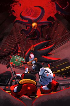 animal_ears animal_nose artist_name black_fur black_hawk_(sonic) body_fur city clenched_hand commentary dark_rider_(sonic) doom&#039;s_eye_(sonic) english_commentary english_text furry furry_male gloves highres logo looking_at_another male_focus monster motor_vehicle motorcycle portal_(object) red_eyes red_fur sammytighe shadow_the_hedgehog shadow_the_hedgehog_(game) shoes slit_pupils sonic_(series) standing tunnel white_gloves