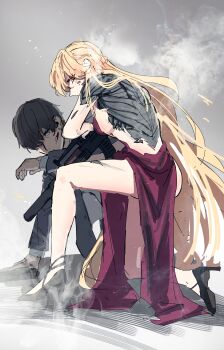 1boy 1girl absurdres android assault_rifle blonde_hair blood blood_on_face blue_eyes breasts bullpup commander_(girls&#039;_frontline) covering_another damaged dress evening_gown formal_clothes full_body girls&#039;_frontline girls&#039;_frontline_2:_exilium glaring grey_hair gun high_heels highres long_hair mechabare medium_breasts orange_eyes ots-14_(girls&#039;_frontline) ots-14_(sangria_succulent)_(girls&#039;_frontline) ots-14_groza rifle shino_duka short_hair steaming_body suit suppressor very_long_hair weapon