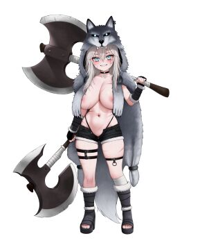1girl areola_slip axe bandaged_leg bandages barbarian blue_eyes blush boots breasts choker dual_wielding full_body fur-trimmed_boots fur_trim grin highleg highleg_panties highres holding holding_axe holding_weapon large_breasts long_hair madan_(kkh8936) multiple_scars navel open-toe_boots oppai_loli original panties pelt scar scar_on_breasts scar_on_face scar_on_leg sharp_teeth short_shorts shorts simple_background smile solo teeth thigh_strap underwear weapon white_background white_hair