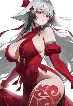 1girl absurdres animal_ears breasts chokopaii closed_mouth commentary detached_sleeves dress droopy_ears english_commentary fox_ears fox_girl grey_hair highres large_breasts leg_tattoo long_hair looking_at_viewer red_dress red_eyes red_sleeves smile solo tattoo ye_shunguang zenless_zone_zero