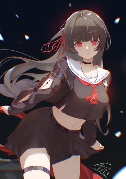 1girl absurdres annasui_factory arm_cutout black_choker black_hair black_jacket black_serafuku black_skirt blunt_bangs breasts chisa_(wuthering_waves) choker chromatic_aberration closed_mouth clothing_cutout commentary crop_top english_commentary hair_ribbon highres jacket long_hair long_sleeves looking_at_viewer medium_breasts navel neckerchief red_eyes red_neckerchief red_ribbon revision ribbon sailor_collar school_uniform serafuku signature skirt solo stomach thigh_strap thighs white_sailor_collar wuthering_waves