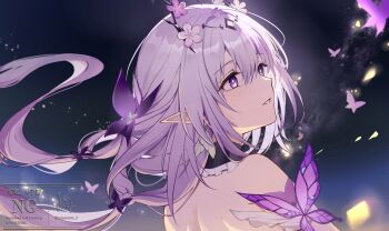 1girl bug butterfly butterfly_hair_ornament castorice_(honkai:_star_rail) commentary floating_hair flower from_behind hair_flower hair_ornament highres honkai:_star_rail honkai_(series) insect long_hair looking_to_the_side low-tied_long_hair miyanami_3 parted_lips pointy_ears purple_butterfly purple_eyes purple_flower purple_hair solo watermark