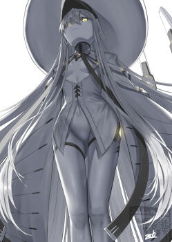 1girl blue_archive colored_skin commentary_request from_below hair_over_one_eye halo hat highres large_hat long_hair malkuth_(blue_archive) multiple_girls symbol-shaped_pupils very_long_hair white_hair white_skin x-shaped_pupils yellow_eyes yellow_halo zombie_mogura