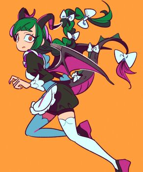 1brad 1girl apron black_romper bow braid braided_ponytail breasts closed_mouth dragon_girl dragon_horns dragon_tail dragon_wings green_hair hair_bow highres horns juliet_sleeves lebanne_(pokemon) long_hair long_sleeves looking_at_viewer maid maid_apron maid_headdress nintendo orange_background orange_eyes pokemon pokemon_legends:_z-a puffy_sleeves romper simple_background tail thighhighs white_thighhighs wings