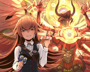 1girl ahoge between_breasts between_fingers bird black_vest breasts brown_eyes brown_hair card card_between_fingers duel_masters duel_masters_play's extra_arms flute gesugao headset highres holding holding_card huge_ahoge instrument kokko_rupiko long_hair monster phoenix pompomblink recorder shirt strap_between_breasts trading_card upper_body vest white_mouth white_shirt