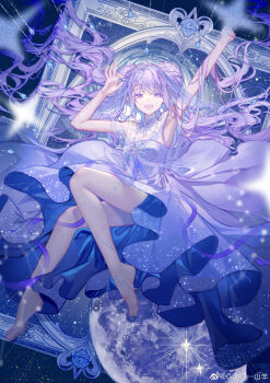 1girl absurdres arms_up bare_legs bare_shoulders blue_theme chestnut_mouth chinese_commentary choker commentary_request diffraction_spikes double_bun dress empty_picture_frame evening_gown full_body glint gown guides_of_star_(shining_nikki) hair_bun highres long_hair moon nikki_(series) off-shoulder_dress off_shoulder open_mouth picture_frame purple_eyes purple_hair ribbon_choker semi-transparent shining_nikki smile solo sparkle veil watermark weibo_watermark wu_e_mianban_shan_xiao_yang