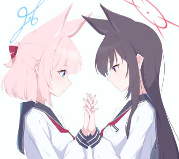 2girls animal_ear_fluff animal_ears black_hair black_sailor_collar blue_archive blue_eyes blue_halo blunt_bangs closed_mouth commentary english_commentary extra_ears eyelashes eyes_visible_through_hair film_grain fox_ears fox_girl from_side frown hair_between_eyes half_updo halo hands_up highres holding_hands interlocked_fingers long_hair long_sleeves madoka_(user_zrnk8278) medium_hair multiple_girls neckerchief niko_(blue_archive) pink_hair profile red_eyes red_halo red_neckerchief sailor_collar school_uniform serafuku shirt sidelocks simple_background smile straight_hair tsurime upper_body white_background white_shirt yukino_(blue_archive) yuri