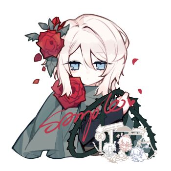 1girl absurdres cape closed_mouth commentary_request commission e.g.o_(project_moon) faust_(project_moon) flower green_cape hair_flower hair_ornament hand_up highres homura792 lasso_(e.g.o) limbus_company looking_at_viewer plant project_moon red_flower red_petals red_rose rose short_hair sidelocks simple_background solo thorns vines white_background white_hair