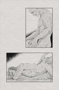 2boys abs anal arm_hair ass azuko_(@zuco) back bald beard bed_sheet blush chest_hair closed_eyes commentary completely_nude cum deadpool deadpool_&amp;_wolverine deadpool_(series) ejaculating_while_penetrated ejaculation erection facial_hair full-face_blush grabbing_another&#039;s_ass groping hairy highres leg_hair male_focus male_penetrated marvel marvel monochrome multiple_boys muscular muscular_male nipples nude pectorals penis prone_bone scar scars_all_over sex sex_from_behind sheet_grab short_hair sweat sweatdrop symbol-only_commentary teeth thighs too_many wolverine_(x-men) x-men yaoi