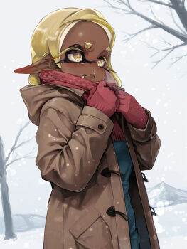 1girl adjusting_scarf blonde_hair branch brown_coat closed_mouth coat cold colored_eyelashes commentary_request cross-shaped_pupils dark-skinned_female dark_skin fang fang_out frye_(splatoon) gloves green_sweater highres hood hood_down hooded_coat inkling jajanome long_eyelashes long_pointy_ears long_sleeves medium_hair nintendo open_clothes open_coat outdoors pointy_ears red_gloves red_scarf scarf snot snowing solo splatoon_(series) splatoon_3 sweater symbol-shaped_pupils tentacle_hair tree winter winter_clothes yellow_eyes