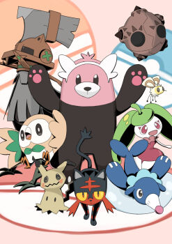 Rule 34 | :d, arms up, bewear, black eyes, bright pupils, commentary request, cutiefly, gen 7 pokemon, legendary pokemon, litten, looking at viewer, mimikyu, minior, nintendo, no humans, open mouth, pokemon, pokemon (creature), pokemon focus, popplio, rowlet, smile, solid oval eyes, steenee, toshishikisai, type: null, white pupils