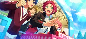 5boys bangs_pinned_back blue_hair clenched_hand closed_eyes curtained_hair ensemble_stars! fingernails game_cg green_eyes green_hair hair_between_eyes hand_on_another's_shoulder hands_up happy_elements hasumi_keito himemiya_tori isara_mao jacket long_sleeves looking_at_another male_focus manga-kai_(ensemble_stars!) multiple_boys nervous_sweating official_art open_clothes open_jacket open_mouth outdoors outstretched_hand pink_hair red_hair sazanami_jun short_hair sky smile spotlight sweat takamine_midori teeth third-party_source upper_teeth_only v-neck yellow_eyes