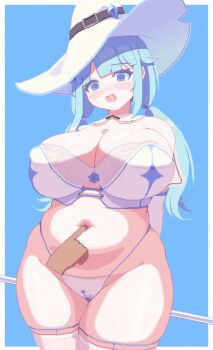 1girl animated animated_gif arms_behind_back bikini blue_background blue_eyes blue_hair blush breasts cleavage detached_collar disembodied_hand elbow_gloves fingering_navel gloves hair_tie hat highleg highleg_bikini holding holding_staff large_breasts long_hair low_twintails navel navel_poking open_mouth original piao_mao plump saliva saliva_trail skindentation solo staff standing swimsuit thick_thighs thighhighs thighs twintails white_bikini white_gloves white_hat white_thighhighs wide_hips witch_hat