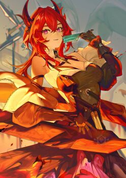 Rule 34 | 1girl, absurdres, arknights, arknights: endfield, bare shoulders, black dress, black gloves, black horns, breasts, closed mouth, commentary, cowboy shot, demon horns, dress, food, from side, gloves, hair between eyes, hair intakes, highres, holding, holding food, holding popsicle, horns, laevatein (arknights), long hair, looking at viewer, popsicle, purple eyes, red hair, solo, surtr (arknights), yun-yang