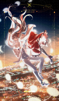 1boy 1girl ^_^ absurdres beret black_hair black_hat black_pantyhose black_shoes braid cael_anselm cael_anselm_(everyday_outfit) cardigan catching chinese_commentary cityscape closed_eyes closed_mouth collared_shirt commentary_request dusk falling floating_hair formal_clothes frilled_skirt frills full_body gradient_sky grey_vest hair_between_eyes hair_ribbon hat heroine_(lovebrush_chronicles) highres jacket lapels long_hair long_sleeves looking_at_another lovebrush_chronicles medium_skirt midair mitube moon_phases necktie notched_lapels open_cardigan open_clothes open_jacket orange_sky outdoors pants pantyhose parted_lips profile purple_eyes purple_necktie purple_shirt red_ribbon red_shoes red_skirt ribbon shirt shoe_soles shoes side_braid skirt sky smile star_(sky) starry_sky suit unworn_hat unworn_headwear very_long_hair vest watermark weibo_watermark white_cardigan white_hair white_jacket white_pants white_suit