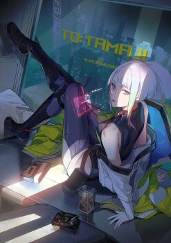 1girl absurdres alcohol artist_name ashtray asymmetrical_sidelocks bare_shoulders bed beer belt belt_pouch bigroll black_belt black_boots black_leotard blonde_hair blue_eyes blunt_bangs bob_cut boots breasts building cassette_player cigarette cityscape clothing_cutout cup cyberpunk:_edgerunners cyberpunk_(series) drinking_glass english_text eyeliner foot_against_wall glass glass_wall gradient_hair green_eyes green_hair hands_on_bed highleg highleg_leotard highres hologram holographic_monitor ice indoors jacket jacket_partially_removed leotard lips looking_at_viewer lucy_(cyberpunk) makeup medium_breasts monitor multicolored_eyes multicolored_hair on_bed parted_lips pillow pink_hair pouch purple_hair purple_thighhighs red_eyeliner red_eyes red_lips sash short_hair sidelocks signature sitting sleeveless solo striped_clothes striped_jacket striped_leotard thighhighs thighhighs_under_boots unworn_jacket vertical-striped_clothes vertical-striped_leotard waist_sash white_hair white_jacket white_sash yellow_jacket