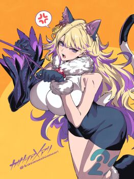 1girl animal_ears bare_shoulders blonde_hair breasts cat_ears cat_girl cat_tail detached_sleeves diabellze_the_original_sinkeeper dress duel_monster gloves highres kasanashiameari large_breasts leg_tattoo long_hair multicolored_hair paw_pose purple_eyes purple_hair signature single_detached_sleeve single_glove solo streaked_hair tail tattoo twitter_username yu-gi-oh!