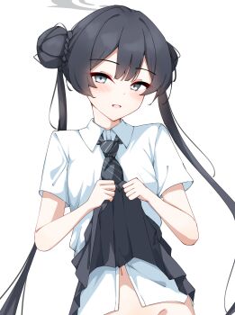 1girl :d alternate_costume black_hair black_necktie black_skirt blue_archive blush braid braided_bun clothes_lift collared_shirt dot_nose double_bun grey_eyes grey_halo hair_bun halo hands_up highres kabocya_na kisaki_(blue_archive) lifting_own_clothes loli long_hair looking_at_viewer navel necktie open_mouth out-of-frame_censoring pleated_skirt shirt shirt_tucked_in short_sleeves skirt skirt_lift smile solo twintails upper_body vertical-striped_clothes vertical-striped_necktie very_long_hair white_shirt