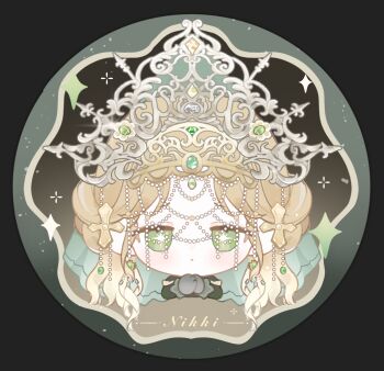 1girl baonu_de_zhanshen_caibutou beads behind_prayers_(infinity_nikki) black_border black_gloves blonde_hair border bright_pupils character_name chibi chinese_commentary closed_mouth commentary_request criss-cross_halter cropped_torso crown dress expressionless frilled_sleeves frills gloves green_dress green_eyes green_vest halterneck hexagram highres infinity_nikki light_blush light_frown light_particles long_hair long_sleeves looking_at_viewer nikki_(series) official_alternate_color own_hands_together praying puffy_long_sleeves puffy_sleeves round_border solo sparkle star-shaped_pupils star_(symbol) straight-on symbol-shaped_pupils very_long_hair vest wavy_hair white_crown white_pupils