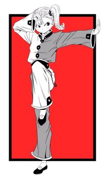 1girl asymmetrical_bangs beads breasts chinese_clothes commentary_request crane_stance full_body greyscale_with_colored_background highres lee_(dragon_garou) medium_breasts original outstretched_arm red_background serious side_ponytail sleeves_past_wrists solo standing standing_on_one_leg tangzhuang v-shaped_eyebrows