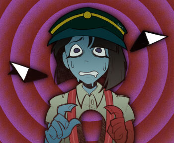 Rule 34 | 1girl, black hair, blue skin, blunt bangs, blunt ends, bob cut, colored skin, disembodied eye, ena: dream bbq, ena (dream bbq), ena (series), ena (species), green hat, hangover ena, hat, highres, hole in chest, hole on body, lmaosoty, looking at viewer, multicolored skin, nervous, nervous sweating, red skin, shirt, solo, sweat, two-tone skin, wide-eyed