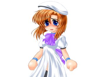 1girl beret black_thighhighs blue_eyes blush bow bowtie bracelet breasts confused dress eyes_visible_through_hair game_cg hair_between_eyes hat higurashi_no_naku_koro_ni jewelry large_variant_set medium_breasts multiple_bracelets no_nose open_mouth orange_hair parted_bangs purple_bow purple_bowtie ryukishi07 ryuuguu_rena short_hair short_sleeves thighhighs variant_set white_dress white_hat