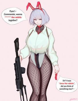 1girl absurdres animal_ear_hairband animal_ears artist_name bunny_day commentary condom condom_wrapper cropped_jacket drum_magazine english_text fake_animal_ears feet_out_of_frame fishnet_pantyhose fishnets girls&#039;_frontline grey_eyes gun hairband highres holding holding_condom holding_gun holding_weapon leotard light_machine_gun long_sleeves looking_at_viewer machine_gun magazine_(weapon) nishibuya pantyhose pink_background rabbit_ear_hairband rabbit_ears rpk-16 rpk-16_(girls&#039;_frontline) short_hair simple_background solo speech_bubble standing striped_clothes striped_leotard weapon white_hair white_leotard