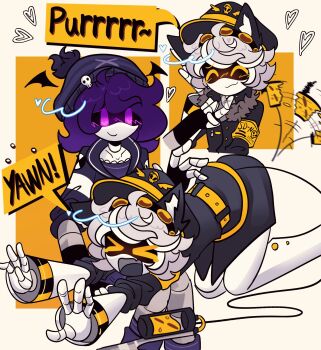 1boy 1girl android animal_ears armband black_footwear black_hat black_jacket cat_ears face_filter grey_hair hat highres humanoid_robot jacket machine mechanical_arms murder_drones n_(murder_drones) purple_eyes purple_hair robot sd_dja short_hair tail uzi_(murder_drones) white_hair yellow_armband yellow_eyes