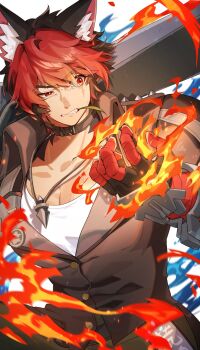 1boy animal_ear_fluff animal_ears bandaged_arm bandages black_hair black_jacket body_fur chawarabi clenched_teeth collar collarbone commentary_request dog_boy dog_ears fire hair_between_eyes half-closed_eye highres holding holding_sword holding_weapon jacket jewelry komano_manato leaf_in_mouth looking_to_the_side male_focus multicolored_hair multiple_scars muscular muscular_male necklace over_shoulder parted_lips pectorals red_bandage red_eyes red_hair scar scar_across_eye scar_on_chest scar_on_face shirt short_hair solo spiked_jacket sword teeth upper_body v-shaped_eyebrows weapon weapon_over_shoulder white_background white_shirt zenless_zone_zero