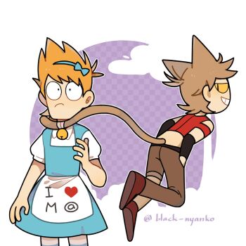 Rule 34 | 2boys, alice's adventures in wonderland, alice (alice in wonderland), alice (alice in wonderland) (cosplay), alternate costume, alternate universe, artist name, bell, blacknyanko, blue dress, borrowed design, brown hair, brown pants, brown shoes, cheshire cat (alice in wonderland), cheshire cat (alice in wonderland) (cosplay), clothes writing, colored sclera, commentary, cosplay, crossdressing, crossdressing (mtf), dress, english commentary, grin, hair ears, highres, male focus, matt (eddsworld), multiple boys, o o, orange hair, pants, shoes, short hair, smile, spiked hair, tail, tail bell, tail ornament, toon (style), tord (eddsworld), yellow sclera