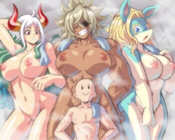 1boy 3girls :o ^_^ aqua_skin arm_behind_head blonde_hair boku_no_hero_academia breasts closed_eyes closed_mouth colored_skin completely_nude convenient_censoring covering_crotch covering_privates dark-skinned_female dark_skin debonair_diamond eyepatch feet_out_of_frame furry furry_female gradient_hair grin groin hair_between_eyes hand_on_another&#039;s_waist hand_on_own_hip hands_on_own_hips head_tilt highres horns ippan_josei large_breasts lewdamone long_hair messy_hair multicolored_hair multiple_girls navel nervous nervous_sweating nipples nude one_piece orange_horns red_hood_(kawaguchi) sauna scar scar_on_stomach side-by-side size_difference smile solid_oval_eyes steam sweat tareme upper_body very_long_hair white_hair yamato_(one_piece)