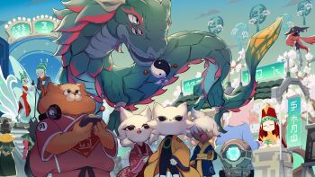 5girls 6+boys :d abacus_(nine_sols) cat_boy cat_girl chinese_clothes chinese_commentary commentary_request dark-skinned_male dark_skin dragon eastern_dragon eigong_(nine_sols) extra_eyes fat fat_man floating furry furry_female furry_male fuxi_(nine_sols) goumang_(nine_sols) harpy headphones heng_(nine_sols) highres ji_(nine_sols) jiequan_(nine_sols) koya10305 kuafu_(nine_sols) lady_ethereal looking_up monster_girl multiple_boys multiple_girls nine_sols nuwa_(nine_sols) old old_woman open_mouth orange_fur outdoors scales shuanshuan_(nine_sols) smile yi_(nine_sols)