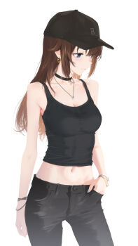 1girl alternate_costume baseball_cap black_choker black_hat black_pants black_tank_top blue_eyes blue_nails bracelet breasts brown_hair choker cleavage closed_mouth cohi27151463 commentary cowboy_shot denim earrings hand_in_pocket hat highres hololive jeans jewelry long_hair medium_breasts midriff nail_polish navel necklace pants simple_background sleeveless solo standing star_(symbol) star_earrings star_necklace straight_hair tank_top tokino_sora virtual_youtuber white_background wristband