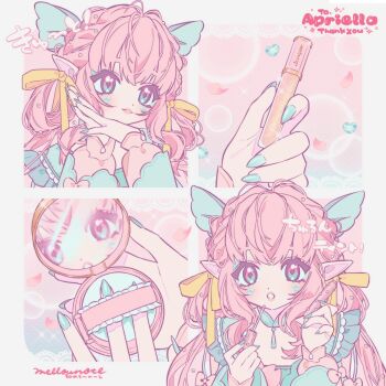 1girl applying_lipstick applying_makeup blue_gemstone blue_nails blunt_bangs choker closed_mouth compact_(cosmetics) cosmetics eyelashes fingernails gem hair_ornament highres holding holding_compact holding_lipstick_tube indie_virtual_youtuber lips lipstick lipstick_tube long_hair long_sleeves looking_afar makeup mellownote multicolored_eyes multiple_views nail_polish pearl_(gemstone) pink_hair pink_lips pointy_ears reflection ribbon rouge_(makeup) scales sparkle square tassel two-tone_eyes upper_body virtual_youtuber yellow_ribbon