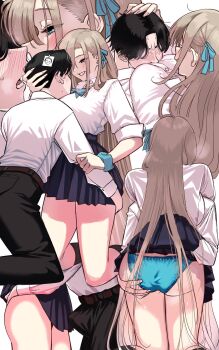 1boy 1girl absurdly_long_hair artistic_error ass assertive_female asuna_(blue_archive) asuna_(school_uniform)_(blue_archive) asymmetrical_bangs belt between_breasts black_hair black_pants black_skirt black_socks blue_archive blue_bow blue_bowtie blue_eyes blue_panties blue_ribbon blue_scrunchie blush bow bowtie breast_smother breasts breath brown_belt brown_hair cabin_(aean7232) clothes_lift collared_shirt couple curtained_hair doodle_sensei_(blue_archive) dress_pants dress_shirt ear_blush eye_contact face-to-face face_between_breasts face_to_breasts faceless faceless_male furrowed_brow grabbing_another&#039;s_ass grin groping hair_over_one_eye hair_ribbon hand_on_another&#039;s_head head_between_breasts hetero high-waist_skirt highres holding_another&#039;s_arm kneehighs kneeling large_breasts lifting_another&#039;s_clothes long_hair long_sleeves looking_at_another loose_hair_strand miniskirt multiple_views naughty_face nervous_sweating no_eyes no_halo nose_blush open_mouth panties pants pleated_skirt pocket ribbon school_uniform scrunchie sensei_(blue_archive) shiny_skin shirt shirt_tucked_in short_hair simple_background skirt skirt_lift sleeves_rolled_up smile socks standing straight_hair sweat taut_clothes three-quarter_sleeves underwear very_long_hair very_short_hair white_background white_shirt wrist_scrunchie