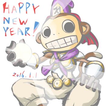 1boy 2016 armor artist_request chinese_zodiac clenched_teeth dated deva_(digimon) digimon digimon_(creature) empty_eyes expressionless gloves glowing glowing_weapon happy_new_year hat looking_at_viewer makuramon monkey monkey_(chinese_zodiac) monkey_boy monkey_tail new_year no_humans open_mouth orb simple_background solo tail teeth weapon white_background year_of_the_monkey