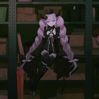 1girl black_boots black_dress black_flower black_gloves black_horns black_thighhighs boots box braid breasts cardboard_box cleavage closed_mouth closed_umbrella crown detached_sleeves dress fingerless_gloves flower full_body gloves hai_(haihki) hair_flower hair_ornament highres horns indoors knee_boots long_hair long_sleeves looking_at_viewer master_detective_archives:_rain_code medium_breasts pink_eyes pink_hair ribbon shelf shinigami_(rain_code) sitting smile solo storage_room thighhighs twin_braids umbrella very_long_hair white_ribbon