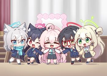5girls :&lt; :3 :d :o absurdly_long_hair abydos_high_school_logo ahoge animal_ear_fluff animal_ears ankle_socks aqua_necktie aqua_scarf ayane_(blue_archive) bad_tag black_bow black_gloves black_hair black_shoes black_skirt black_socks blazer blonde_hair blue_archive blue_eyes blue_halo blue_jacket blush bow braid cardigan cat_ears chibi closed_eyes collared_shirt commentary_request crossed_bangs crown_braid curtains double-parted_bangs fang fingerless_gloves foreclosure_task_force_(blue_archive) full_body glasses gloves green_eyes green_halo grey_hair hair_between_eyes hair_bow hair_flaps hair_intakes hair_rings halo highres hoshino_(blue_archive) id_card illust_sucong indoors jacket knee_pads kneehighs long_hair medium_hair mismatched_pupils multiple_girls necktie nonomi_(blue_archive) one_eye_closed open_cardigan open_clothes open_jacket open_mouth outline pink_hair pink_halo plaid_clothes plaid_skirt pleated_skirt red-framed_eyewear red_eyes red_halo scarf school_uniform serika_(blue_archive) shiroko_(blue_archive) shirt shoes single_knee_pad skirt smile socks stage standing striped_clothes striped_scarf twintails very_long_hair white_outline white_shirt white_socks wolf_ears yellow_cardigan yellow_eyes