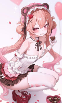 Rule 34 | 1girl, abpart, absurdres, animal ears, arm behind back, bare shoulders, blush, breasts, brown hair, candy, chocolate, chocolate heart, collarbone, commentary, english commentary, fake animal ears, falling petals, food, gloves, heart, heart-shaped food, highres, holding, holding chocolate, holding food, long hair, looking at viewer, mistique (stella sora), mixed-language commentary, open mouth, paid reward available, petals, red eyes, red shoes, shoes, small breasts, smile, solo, squatting, stella sora, thighhighs, thighs, white gloves, white thighhighs