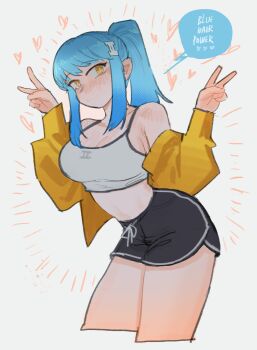 1girl absurdres akiko_(vakiko6) armpit_peek armpits black_shorts blue_hair blush_stickers breasts cleavage closed_mouth colored_speech_bubble commentary cowboy_shot crop_top dolphin_shorts dot_mouth double_v english_commentary english_text hair_ornament heart high_ponytail highres ii_(peps_art) jacket leaning_forward long_hair long_sleeves looking_at_viewer navel open_clothes open_jacket original ponytail shirt short_shorts shorts sidelocks simple_background speech_bubble swept_bangs taut_clothes taut_shirt tight_clothes track_jacket v white_background yellow_eyes yellow_jacket