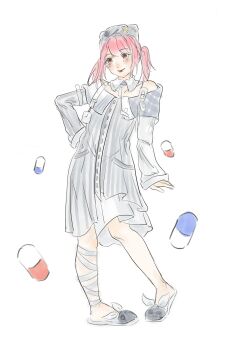 Rule 34 | 1girl, animal ear headwear, animal ears, asymmetrical sleeves, bandaged leg, bandages, bare shoulders, beanie, blue choker, bow, brown eyes, buttons, cat ears, chinese commentary, choker, closed mouth, collar, collarbone, collared dress, commentary request, crossed bandaids, detached collar, dot nose, dress, fake animal ears, footwear bow, full body, grey hat, hand on own hip, happy, hat, highres, infinity nikki, light blush, lipstick, long hair, long sleeves, looking ahead, makeup, medium dress, mismatched sleeves, nikki (nikki), nikki (series), off-shoulder dress, off shoulder, paperclip, pill, pink hair, pleated dress, pocket, quirky idea (infinity nikki), red lips, simple background, sleeve cuffs, sleeves past wrists, slippers, smile, solo, standing, striped clothes, striped dress, tenshi kaiwai, twintails, vertical-striped clothes, vertical-striped dress, white background, white bow, white collar, white dress, white slippers, xiyu5737