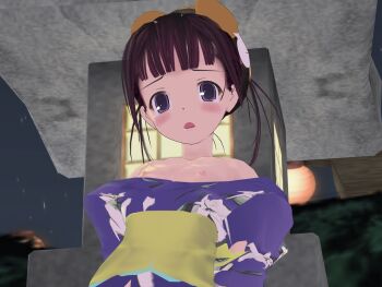 1girl 3d bare_shoulders black_hair blue_eyes blue_kimono blush breasts breasts_out d: female_focus flat_chest floral_print from_below game_cg hair_ornament japanese_clothes kimono kimono_pull lantern looking_at_viewer love_death ma@ya medium_breasts night night_sky nipples no_bra off_shoulder open_mouth outdoors paper_lantern raised_eyebrows realtime_lovers sash serikawa_chisato short_hair short_twintails sky solo stone_lantern tears teatime twintails upper_body