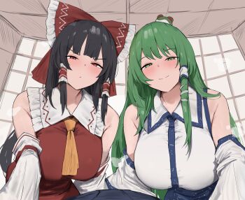 1boy 258n 2girls alternate_breast_size_(larger) ascot black_hair blue_skirt blush bow breasts closed_mouth collared_shirt commentary detached_sleeves english_commentary frilled_bow frilled_hair_tubes frills frog_hair_ornament green_eyes green_hair hair_bow hair_ornament hair_tubes hakurei_reimu highres huge_breasts kochiya_sanae long_hair looking_at_viewer multiple_girls pov red_bow red_eyes red_shirt red_skirt ribbon-trimmed_sleeves ribbon_trim shirt shouji single_hair_tube skirt skirt_set sleeveless sleeveless_shirt sliding_doors smile snake_hair_ornament touhou very_long_hair white_shirt yellow_ascot