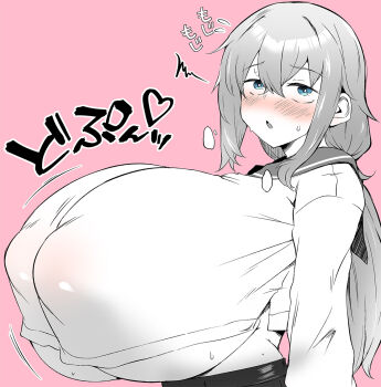 1girl alternate_breast_size_(larger) black_skirt blue_eyes blush breasts covered_erect_nipples gigantic_breasts hair_between_eyes japanese_text long_hair looking_at_viewer michinoku_komaro monochrome motion_lines no_bra open_mouth oppai_loli pink_background school_uniform seitokai_ni_mo_ana_wa_aru! serafuku shirt sidelocks skirt solo spot_color sweat teruwo translation_request underboob white_shirt