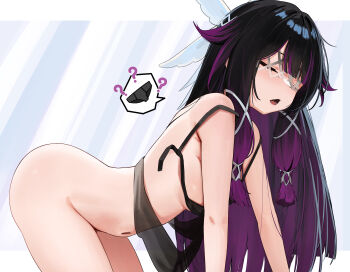 1girl ? ?? all_fours bare_shoulders black_bra black_hair bottomless bra closed_eyes columbina_(genshin_impact) commentary commentary_request english_commentary eye_mask from_side genshin_impact hair_flaps hair_ornament hair_over_shoulder highres long_hair mask mixed-language_commentary multicolored_hair navel open_mouth purple_hair skai_kun solo speech_bubble stomach two-tone_hair underwear white_mask