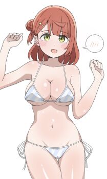1girl :d bare_shoulders bikini blue_bikini blush breasts cameltoe cleavage collarbone covered_erect_nipples cowboy_shot diagonal-striped_bikini diagonal-striped_clothes green_eyes hair_ornament hairclip highres kanade_(diverdiva_gal) love_live! love_live!_nijigasaki_high_school_idol_club medium_hair open_mouth orange_hair parallel_hairclips side-tie_bikini_bottom smile solo speech_bubble spoken_blush string_bikini striped_clothes swimsuit uehara_ayumu
