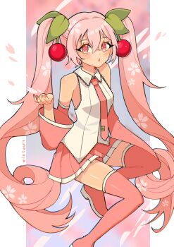:o bare_shoulders boots border cherry_hair_ornament detached_sleeves food-themed_hair_ornament full_body hair_ornament hatsune_miku highres long_hair looking_at_viewer milktuart necktie open_mouth pink_boots pink_eyes pink_hair pink_nails pink_necktie pink_skirt pink_sleeves pink_thighhighs purple_background sakura_miku shirt simple_background sitting skirt solo thighhighs twintails very_long_hair vocaloid white_border white_shirt